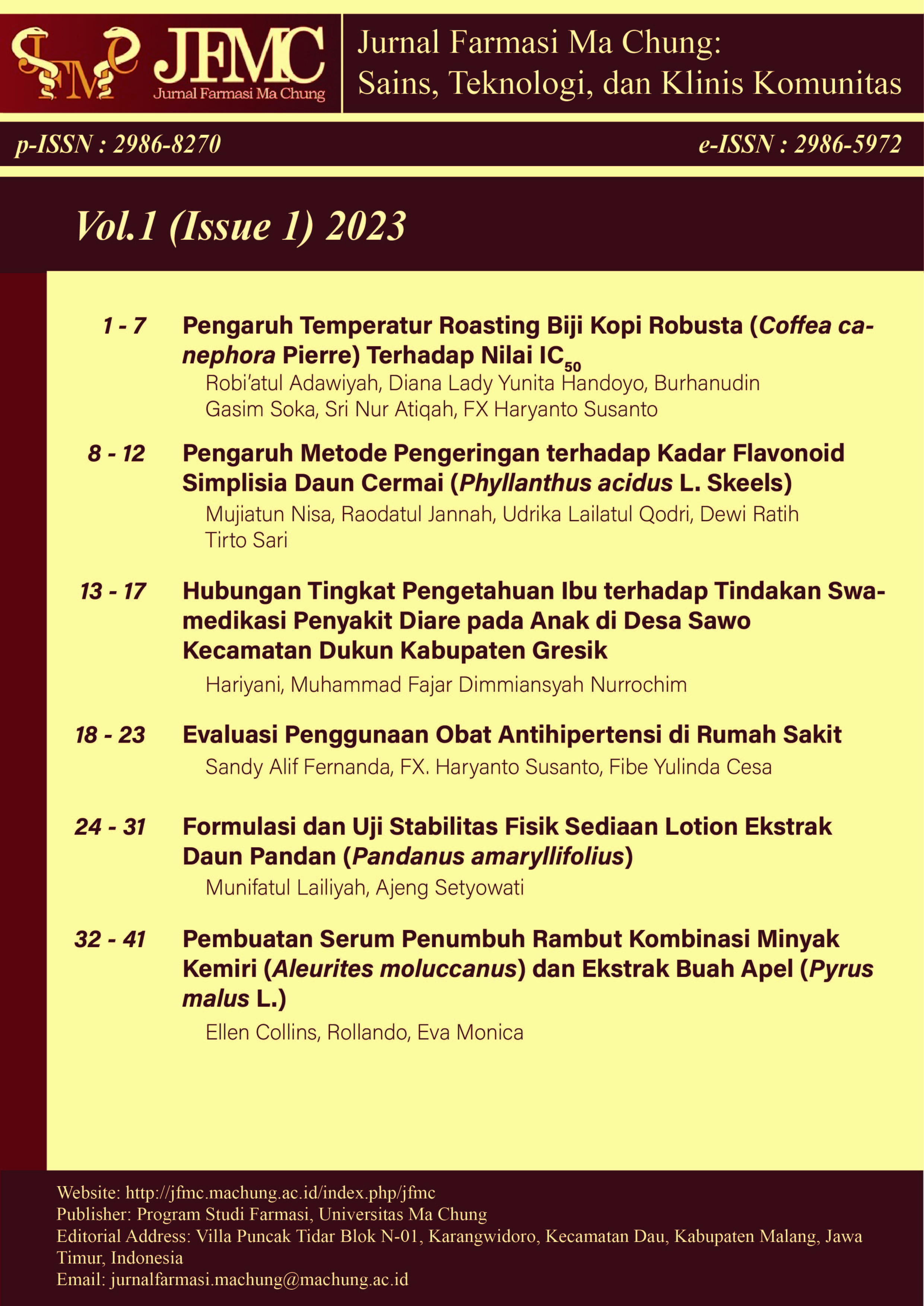 					View Vol. 1 No. (1) (2023):  Jurnal Farmasi Ma Chung: Sains, Teknologi, dan Klinis Komunitas
				